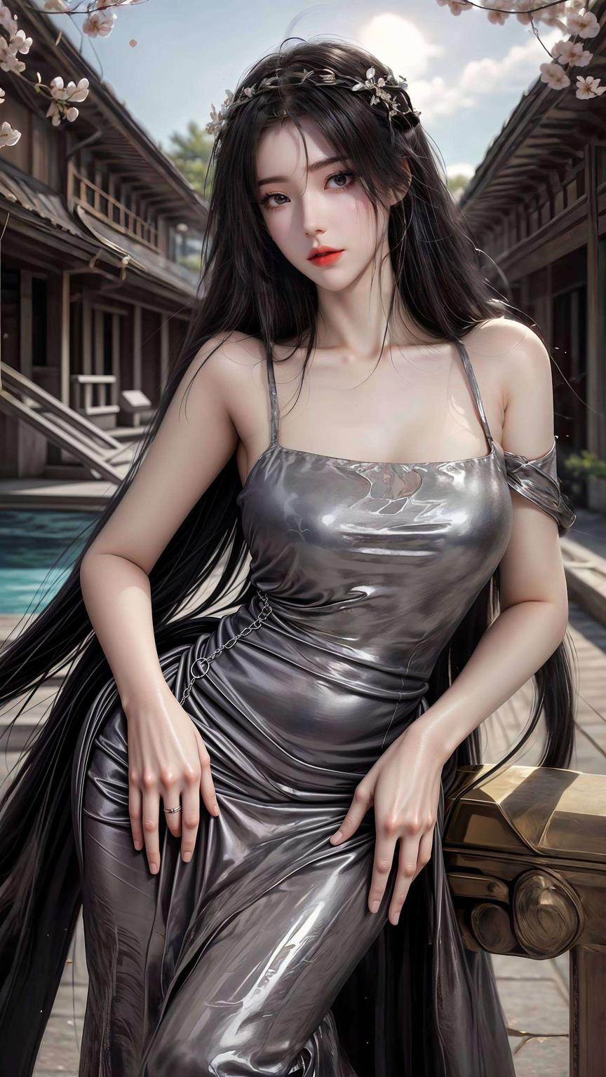 柳神置身于繁花似锦的古风庭院衣袂飘飘