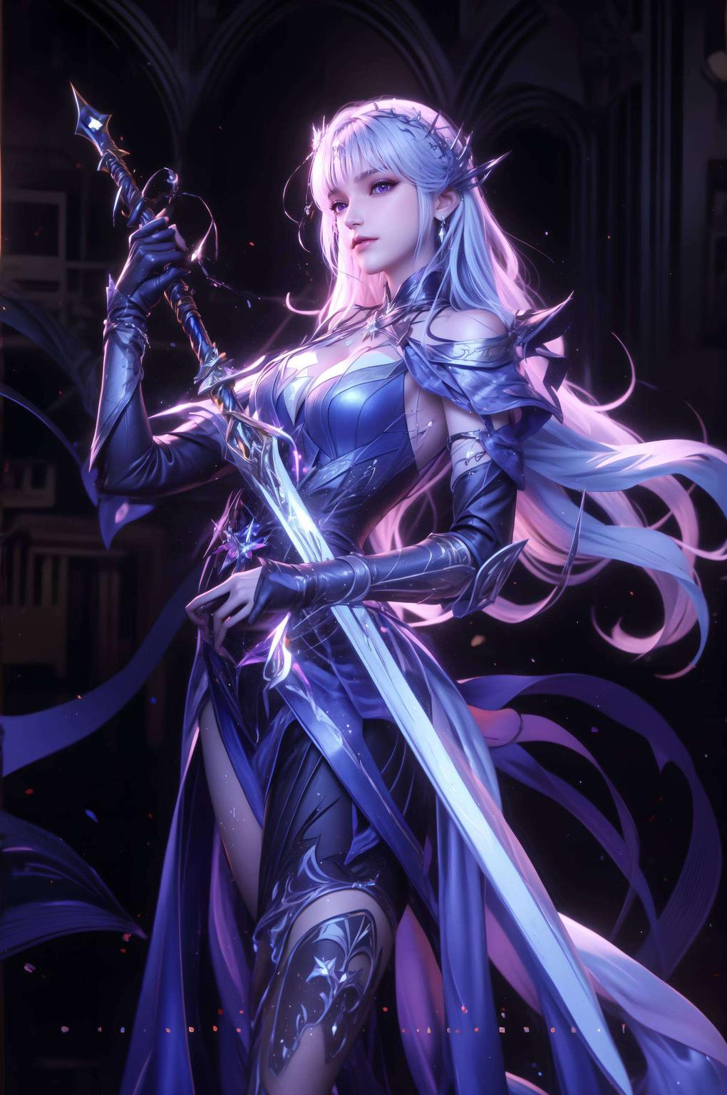 圣采儿举剑英姿飒爽紫衣轻舞